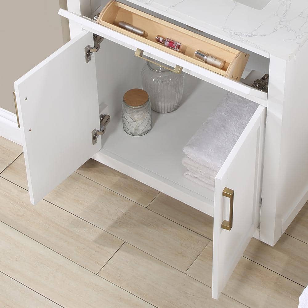Gavino 30" White Solid Wood Bathroom Vanity with Gold Hardware