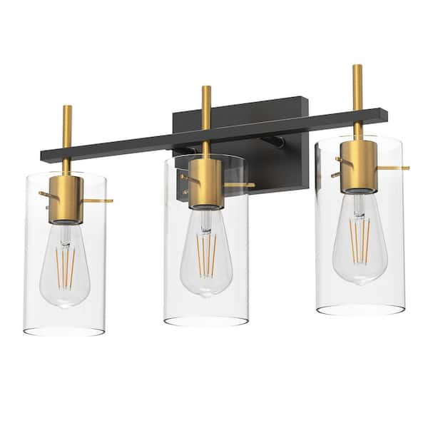 20 in. 3-Light Black and Gold Metal LED Vanity Light with Clear Glass Shades for Vanity Powder Room Dressing Room
