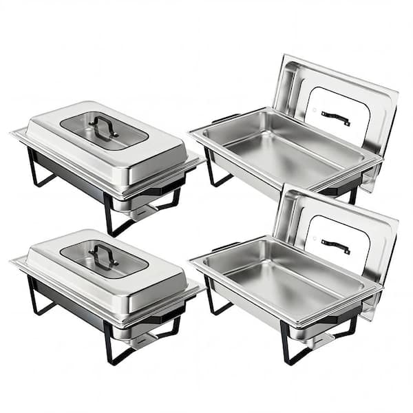 9 qt. Black-Silver Stainless Steel Chafing Dish Buffet Set with Glass Lid & Full-Size Pans