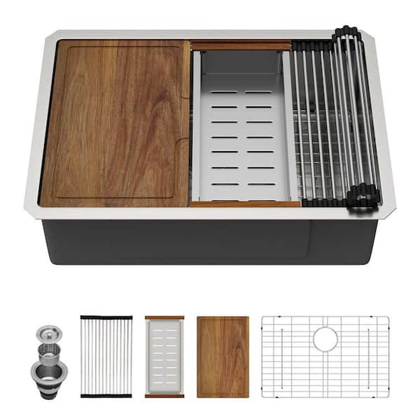 Stainless Steel 16-Gauge 27 in. Single Bowl Undermount Workstation Kitchen Sink Basin with Bottom Grid