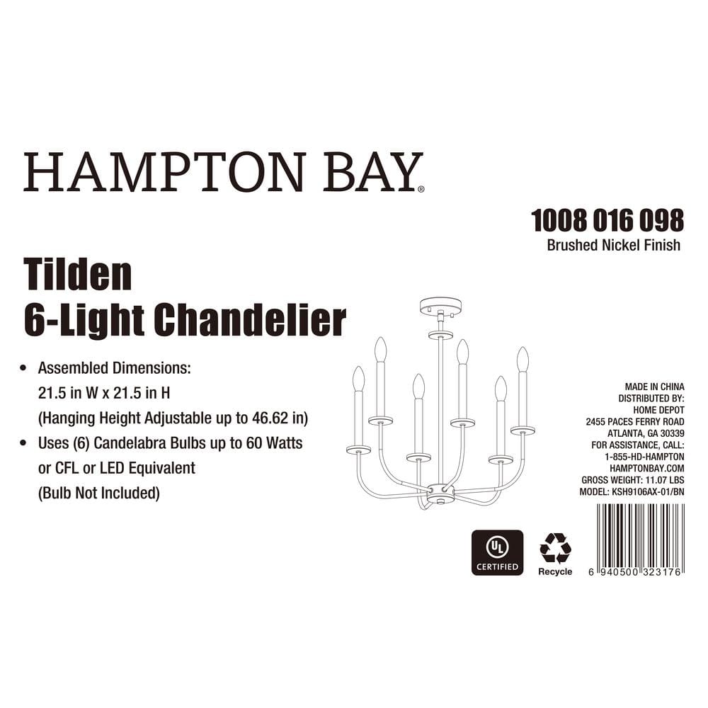 Brushed Nickel 6-Light Candle Chandelier with Adjustable Height
