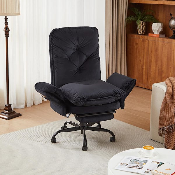 Velvet High-Back Cross-Legged Office Chair in Black with Flip-Up Arms, Vanity Chair With Footrest
