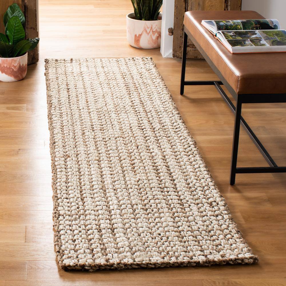 Ivory and Natural Hand-Knotted Jute Runner Rug, 2'3" x 8'