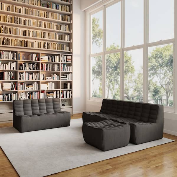 Armless 3-Piece Linen Modular Sectional Sofa 82.6 in. 3-Seater Fireside Lazy Floor Couch with Loveseat Ottoman in Black