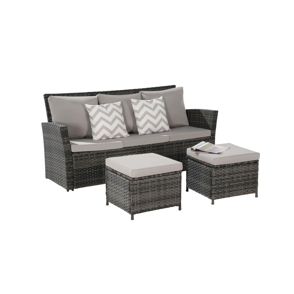 3 Piece All-Weather Wicker Patio Conversation Sets with Light Gray Cushion 