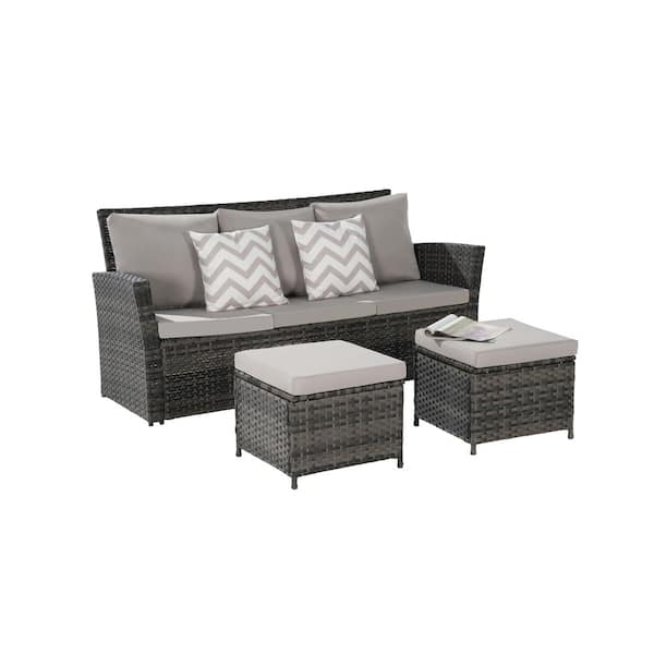 Unbranded 3 Piece All-Weather Wicker Patio Conversation Sets with Light Gray Cushion and Two Ottoman