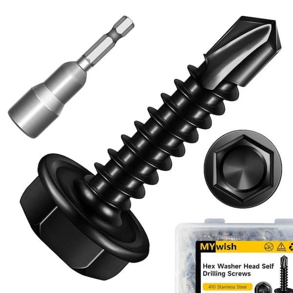 #8 x 3/4 in. Black Oxide 410 Stainless Steel Hex Washer Head Self Drilling Sheet Metal Screws (100-Pack)