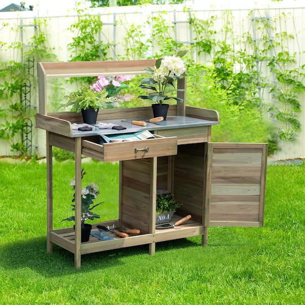 18 in. W x 49.5 in. H Outdoor Potting Bench Garden Wooden Work Station Metal Tabletop Cabinet Drawer