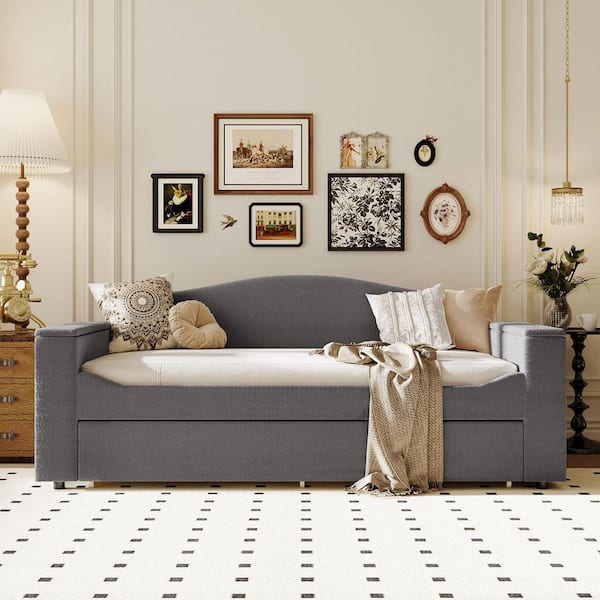 Gray Twin Size Daybed with Storage Armrests, Trundle and Bluetooth Audio System, Teddy Fleece