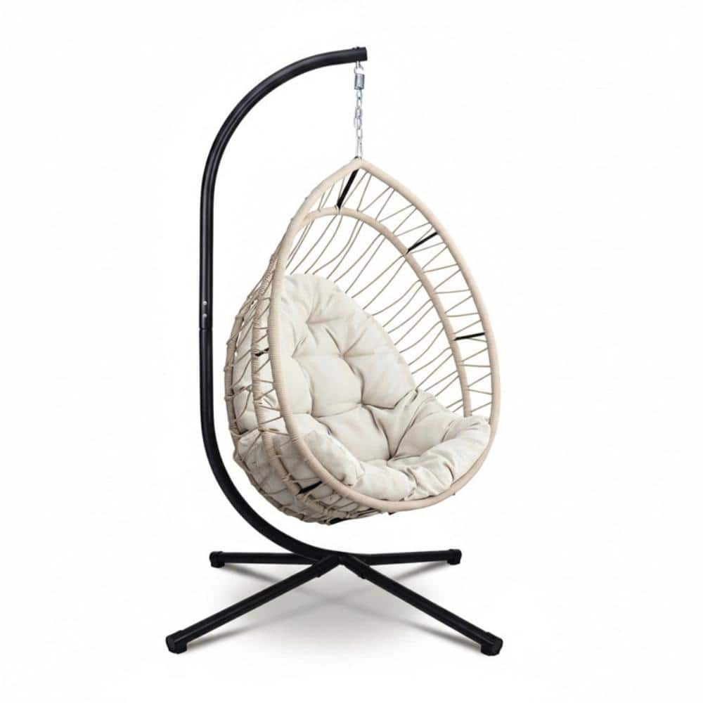 Outdoor Wicker Egg Chair with Stand, Folding Patio Swing Hammock, Light Gray
