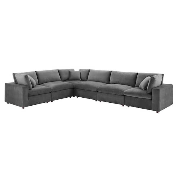 MODWAY Commix 119 in. 6-Piece Gray Down Filled Overstuffed Performance Velvet Sectional Sofa