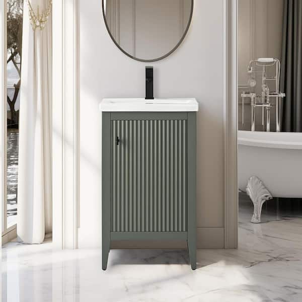 20 in. W x 15.7 in D x 34 in. H Single Sink Bathroom Vanity Cabinet in Linear Vintage Green with White Ceramic Top
