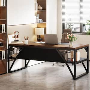 Halseey 63 in. Rectangular Brown Computer Desk with Thick Metal Frame and Shelf, Large Executive Desk for Home Office