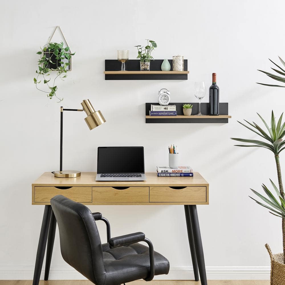 Chestnut and Black Wood Floating Wall Shelves Set of 2