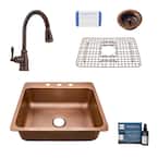 Rosa All-In-One Drop-In Copper 25 in. 3-Hole Single Bowl Copper Kitchen Sink with Pfister Bronze Faucet and Drain