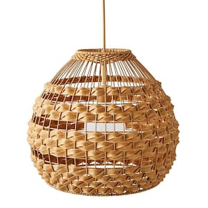 20.10 in. 1-Light Yellow Rattan Large Dome Natural Pendant Light with Battery-Operated