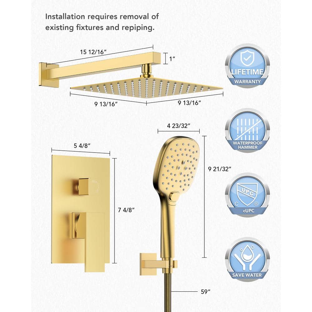 Large Brushed Gold Dual Square Wall Mounted Shower System