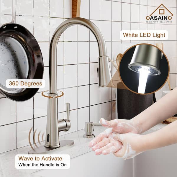 Single-Handle Pull Down Sprayer Kitchen Faucet with Touchless Sensor, LED, Soap Dispenser and Deckplate, Brushed Nickel