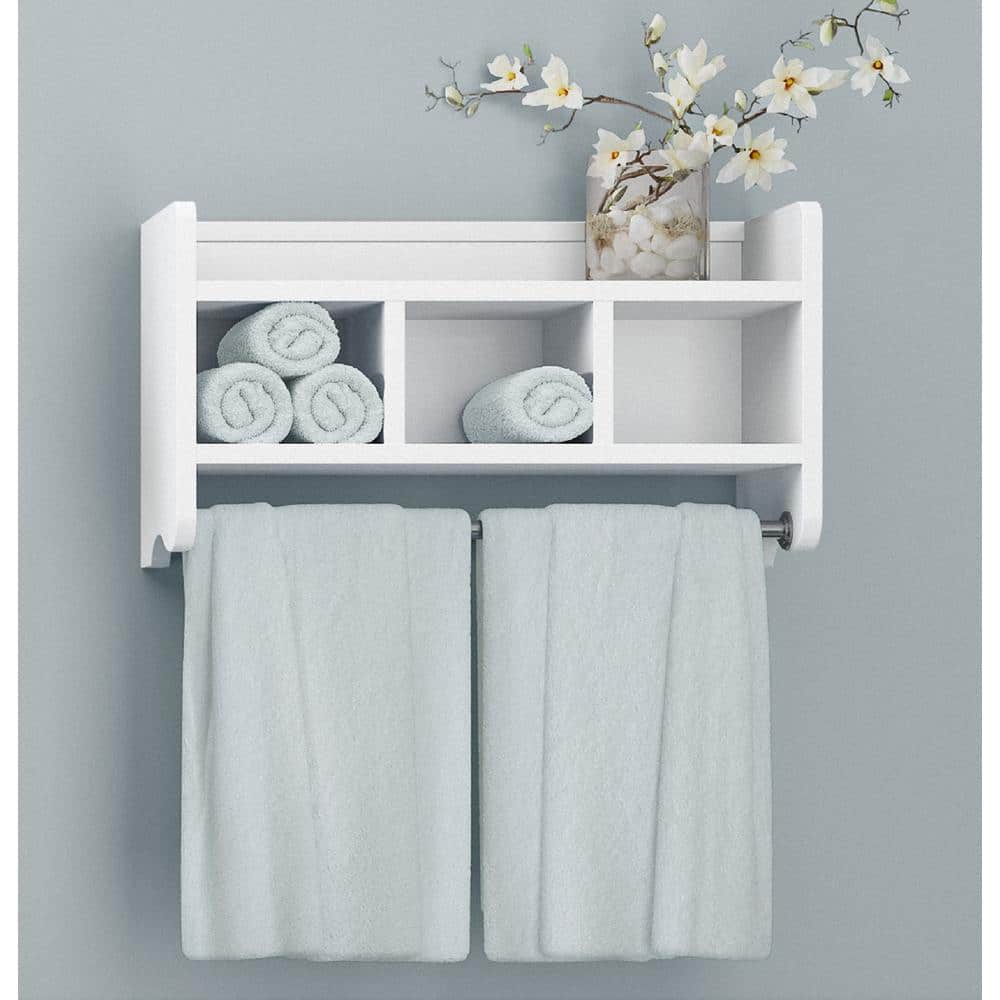 Elegant White Wood Bathroom Storage Shelf with Towel Rods, 31.25 in