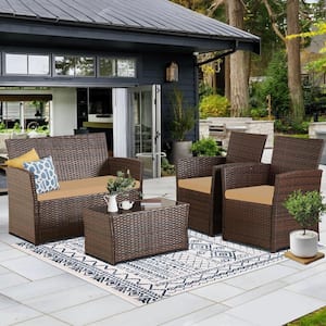 4-Piece Wicker Outdoor Patio Conversation Furniture Sofa set with Tan Cushions and Coffee Table, Apartment, Porch, Yard