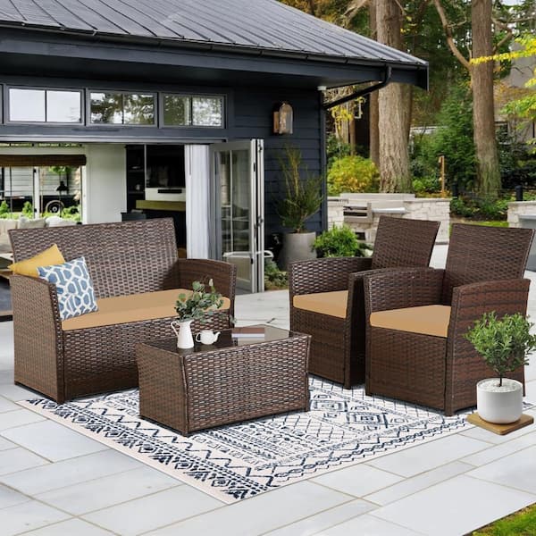 JUSKYS 4-Piece Wicker Outdoor Patio Conversation Furniture Sofa set with Tan Cushions and Coffee Table, Apartment, Porch, Yard