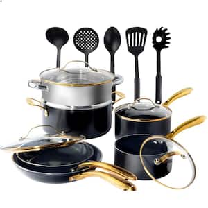 Natural Collection 15-Piece Aluminum Ultra Performance Ceramic Nonstick Cookware Set in Black with Gold Handles