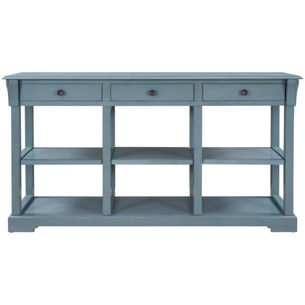 58 In Retro Rectangle Console Tablesideboard With Ample Storage Open Shelve Teal Blue Chad 320892638 Retro Rectangle Console Tablesideboard, Teal Console Table With Storage And