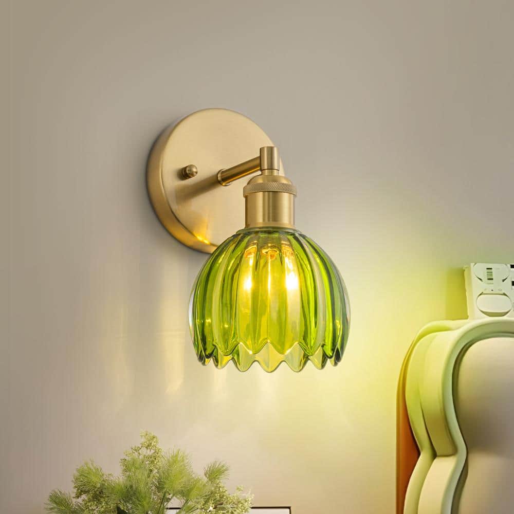 5 in. 1-Light Vintage Green Glass Wall Sconce, Brass Tulip Wall Light Fixture with Ribbed Shade for Bedroom Bathroom price history on PriceWatchPro