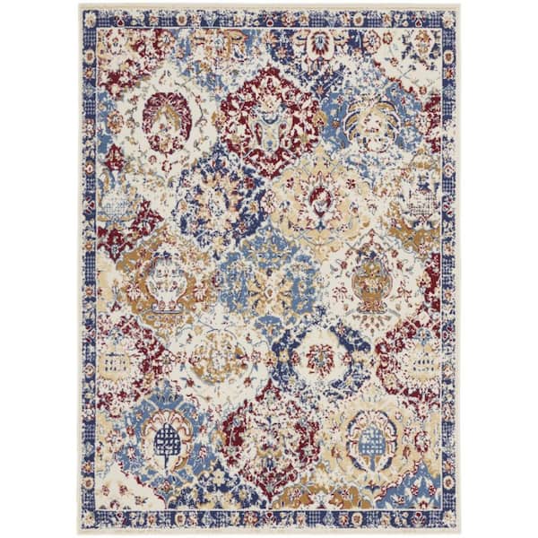 HomeRoots Navy Blue 5 ft. x 7 ft. Damask Power Loom Distressed Area Rug