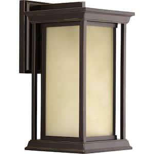 Endicott Collection 1-Light Antique Bronze Etched Umber Linen Glass Craftsman Outdoor Medium Wall Lantern Light