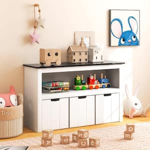 40 in. Wide Kids Toy Storage Organizer Wooden Bookshelf with 3 Drawers Hidden Wheel Blackboard