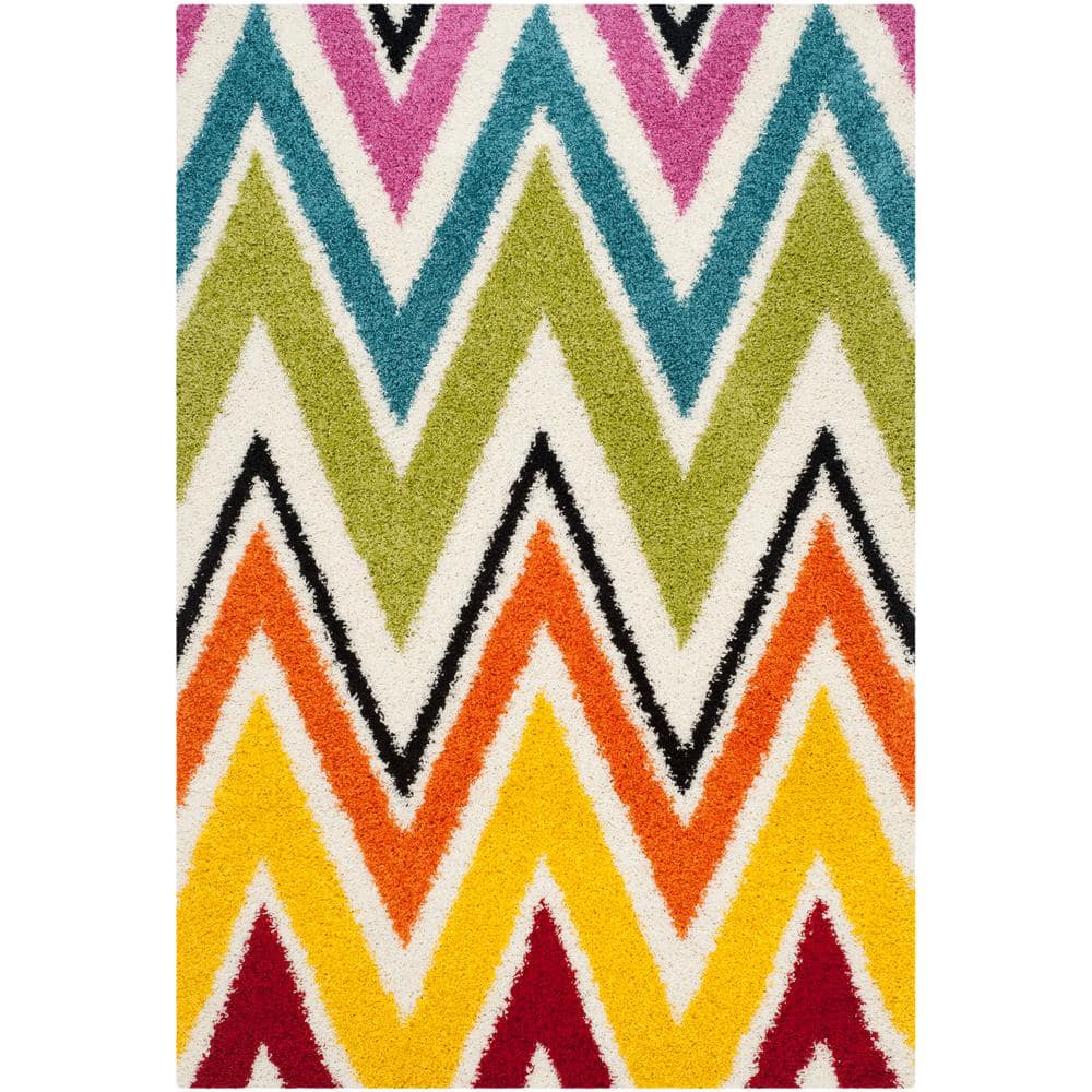 Ivory and Multicolor Chevron Synthetic Shag Kids Rug