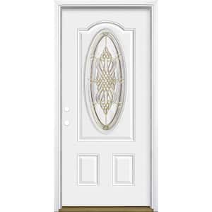 36 in. x 80 in. New Haven 3/4 Oval Lite Right-Hand Inswing Primed Steel Prehung Front Exterior Door with Brickmold
