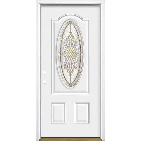 Masonite 36 in. x 80 in. New Haven 3/4 Oval Lite Right-Hand Inswing Primed Steel Prehung Front Exterior Door with Brickmold