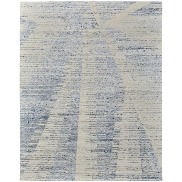 9 ft. x 13 ft. Ivory Blue And Silver Abstract Hand Knotted Distressed Area Rug
