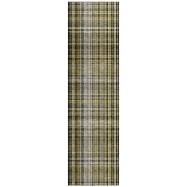 Green, Beige, Gray 2 ft. x 8 ft. Woven Plaid Polyester Runner Indoor / Outdoor Area Rug