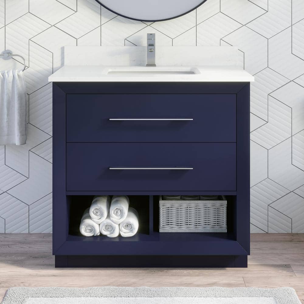 Rio II 36 in. W x 22 in. D Bath Vanity in Blue ENGRD Stone Vanity Top in Wh