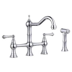 Double-Handle Bridge Kitchen Faucet with Side Sprayer in Polished Chrome