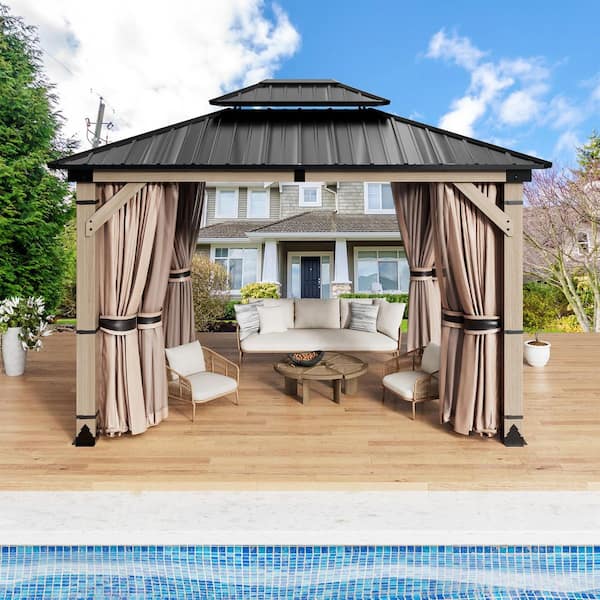 10 ft. x 12 ft. Fir Wood Gazebo with Galvanized Steel Hardtop Double Roof, Insect Screens and Privacy Curtains