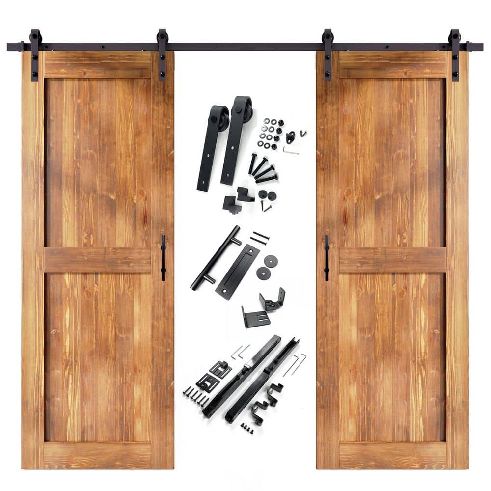 HOMACER 30 in. x 96 in. HFrame Early American Double Pine Wood Interior Sliding Barn Door with
