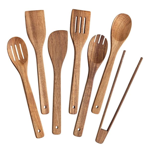 Brown Wooden Cooking Utensils Set Nonstick Wood Kitchen Tools with Hanging Hole 7-Piece Accessory Set