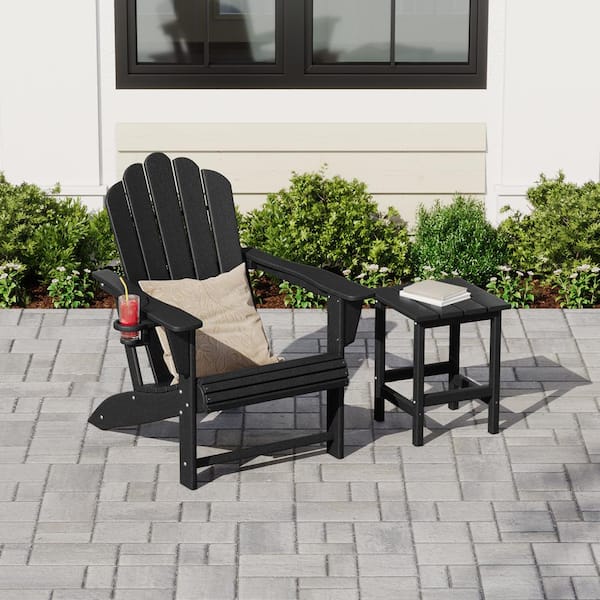 Aderson 2-Piece All Weather Fade Resistant Outdoor Patio HDPE Adirondack Chair with Cupholder and Side Table in Black