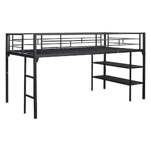 Black Metal Twin Size Loft Bed with Storage Shelves