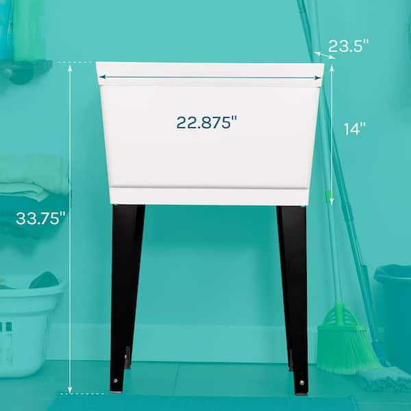 22.875 in. x 23.5 in. White 19 gal. Thermoplastic Utility Sink Kit with Black Metal Legs, P-Trap and Supply Lines 22.875 in. x 23.5 in. White 19 gal. Thermoplastic Utility Sink Kit with Black Metal Legs, P-Trap and Supply Lines