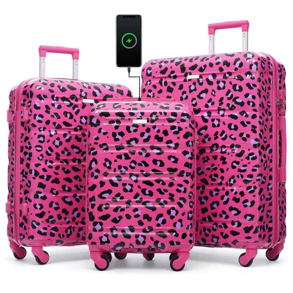 Merax 3-Piece Fuchsia Leopard Print 20+24+28 Polycarbonate