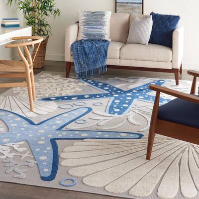 Aloha Blue/Grey 9 ft. x 12 ft. Floral Modern Indoor/Outdoor Area Rug