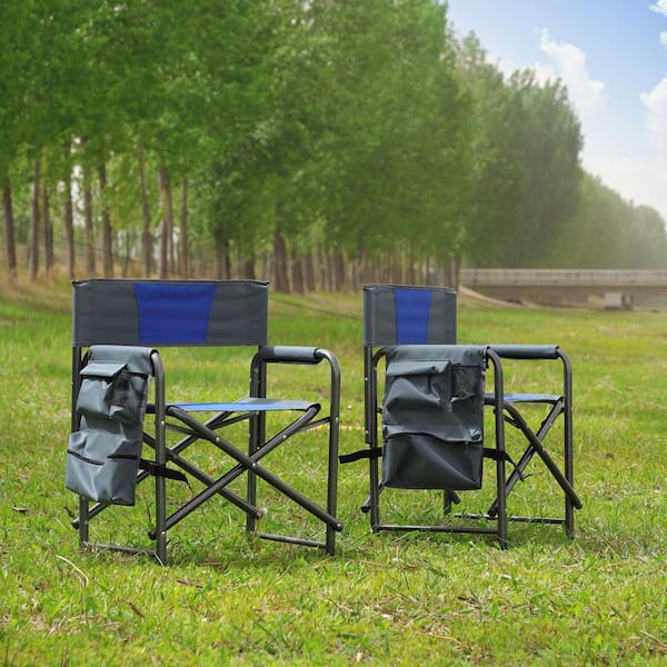 2-Piece Aluminum Folding Beach Chair with Side Table and Storage Pockets, for Outdoor Camping, Blue/Grey