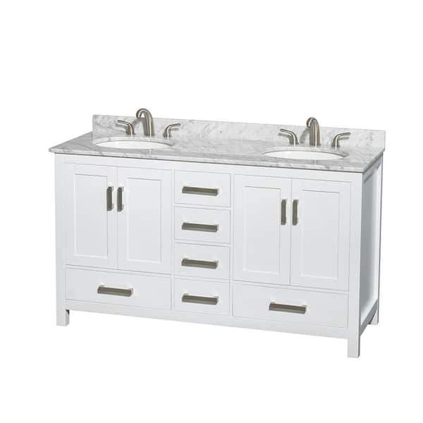 Wyndham Collection Sheffield 60 in. W x 22 in. D x 35 in. H Double Bath Vanity in White with White Carrara Marble Top