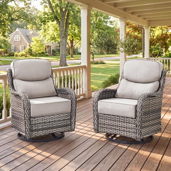 MoonLuxe Gray Swivel Glider Wicker Outdoor Rocking Chair with Beige Olefin 6 in. Thick Cushions (2-Pack)
