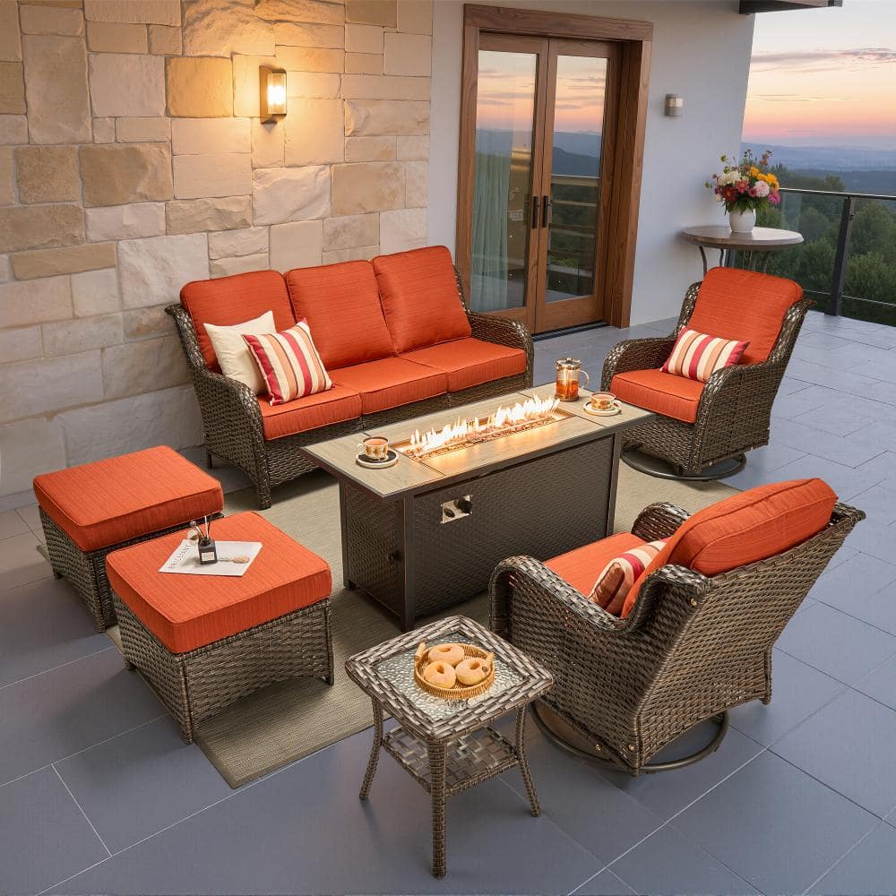 "Newport Brown Wicker 7-Piece Patio Conversation Sofa Swivel Chairs Set with Orange Red Cushions and 54"" Metal Fire Pit" price history on PriceWatchPro